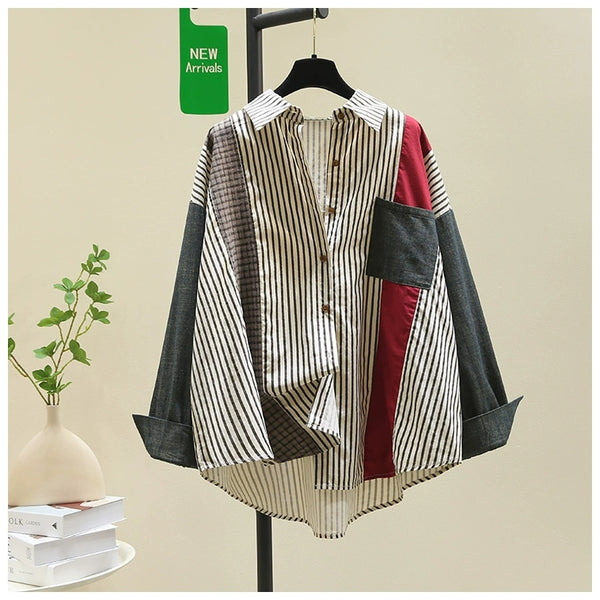 spliced denim sleeve striped loose Fit shirt top